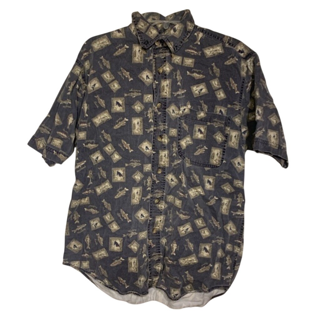 Mens Medium Gunnison Vintage Fish Bait Hook Button Down Short Sleeve‎ Shirt